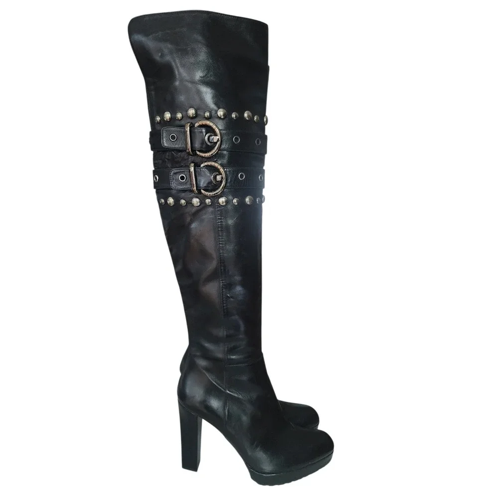 Stuart Weitzman Carnaby Black Leather Studded Buckle Over The Knee Heeled Boot 8